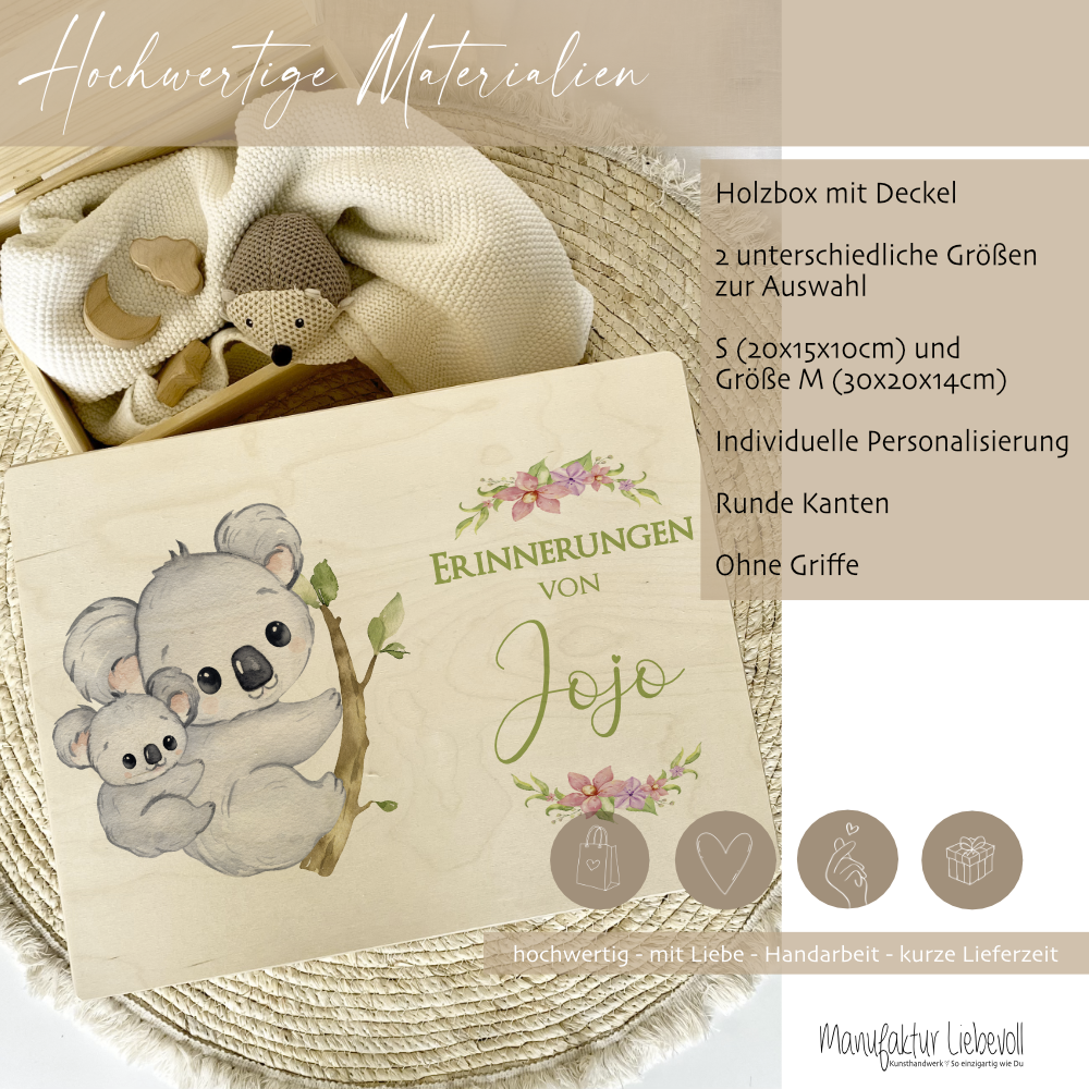 Personalisierte Erinnerungskiste mit Koala Motiv für Babys zur Geburt und Taufe, Babygeschenk mit dem Namen, Holzkiste