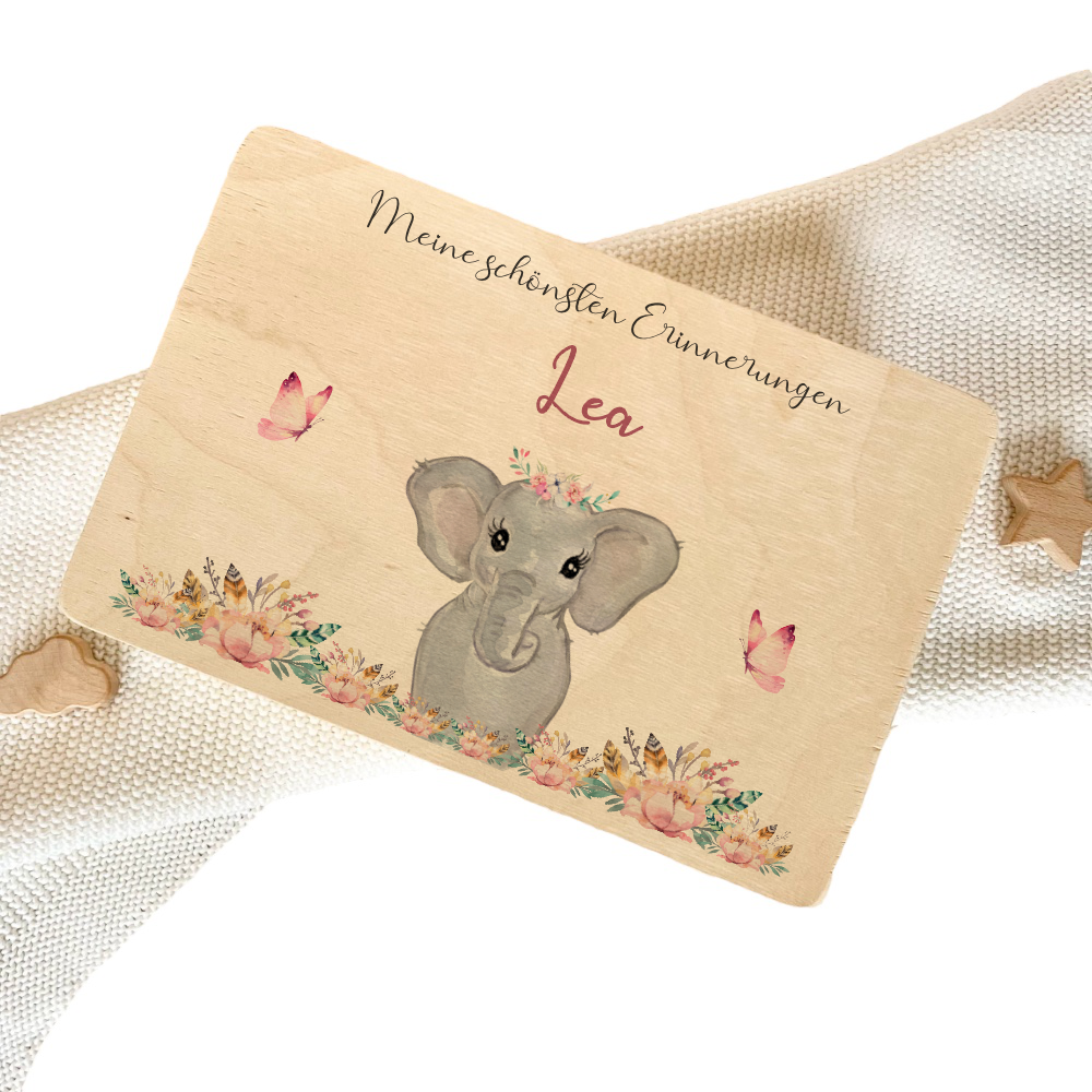 Personalisierte Erinnerungskiste "Elefant" als Motiv für Babys zur Geburt und Taufe, Babygeschenk mit dem Namen, Holzkiste