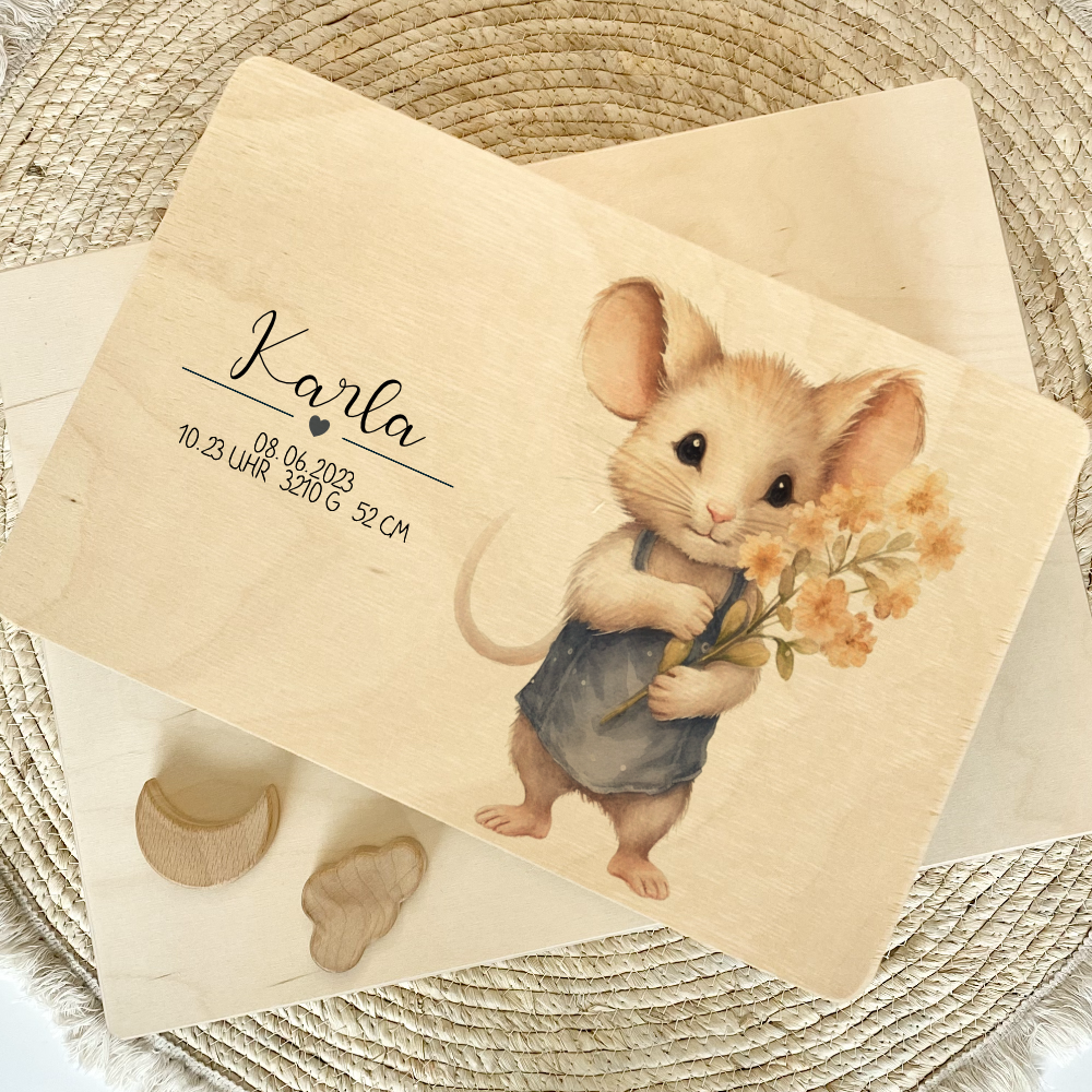 Personalisierte Erinnerungskiste "Maus" als Motiv für Babys zur Geburt und Taufe, Babygeschenk mit dem Namen, Holzkiste
