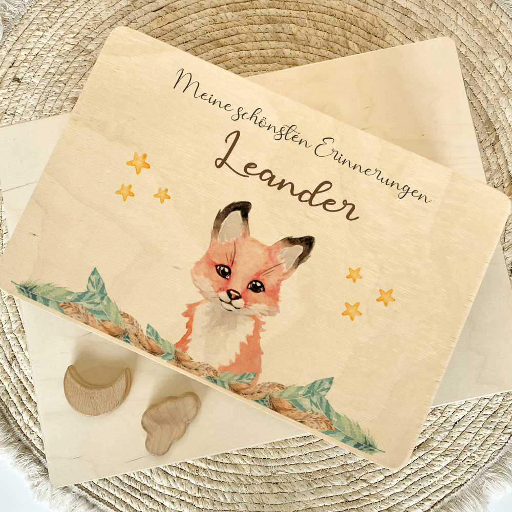 Personalisierte Erinnerungskiste "Fuchs" als Motiv für Babys zur Geburt und Taufe, Babygeschenk mit dem Namen, Holzkiste