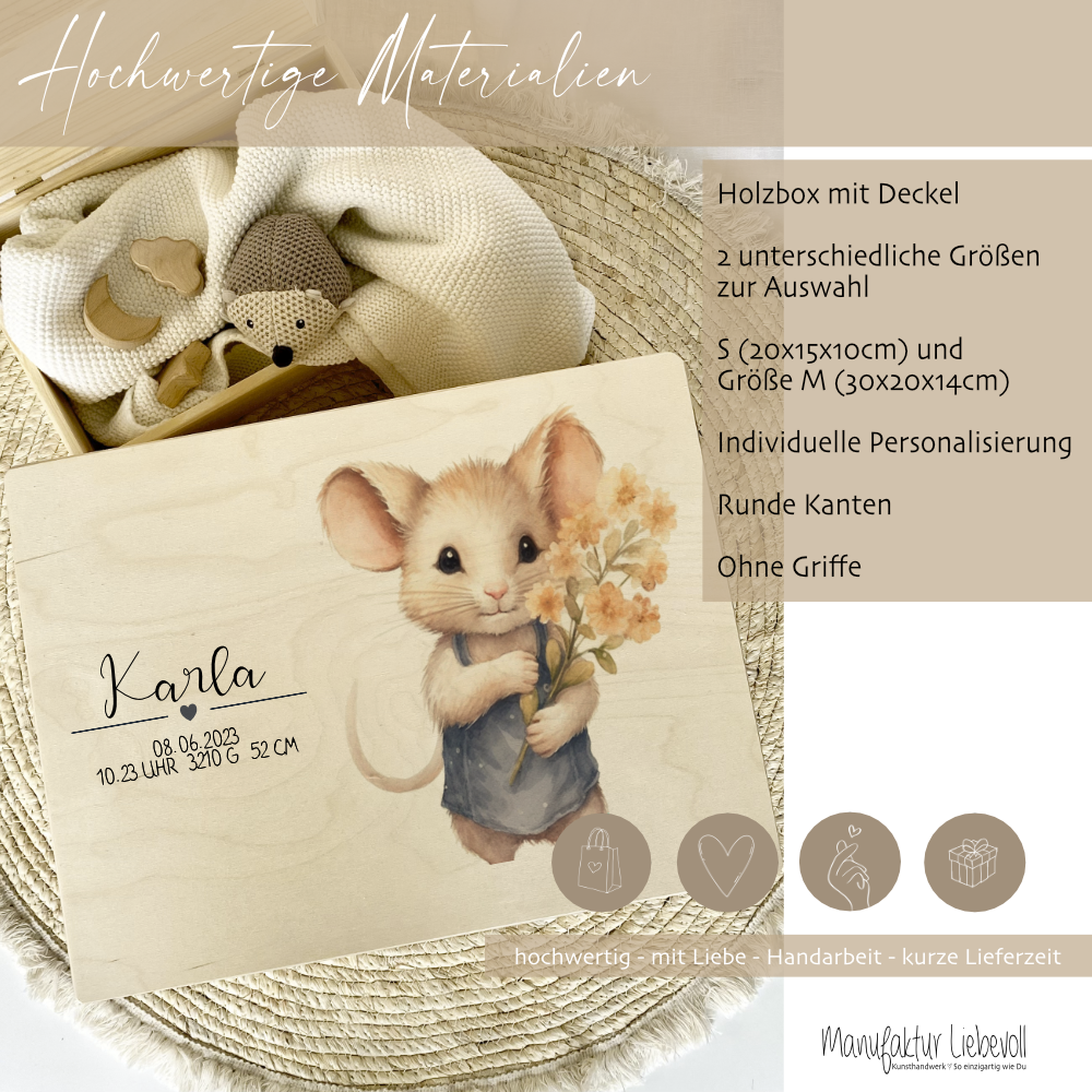 Personalisierte Erinnerungskiste "Maus" als Motiv für Babys zur Geburt und Taufe, Babygeschenk mit dem Namen, Holzkiste