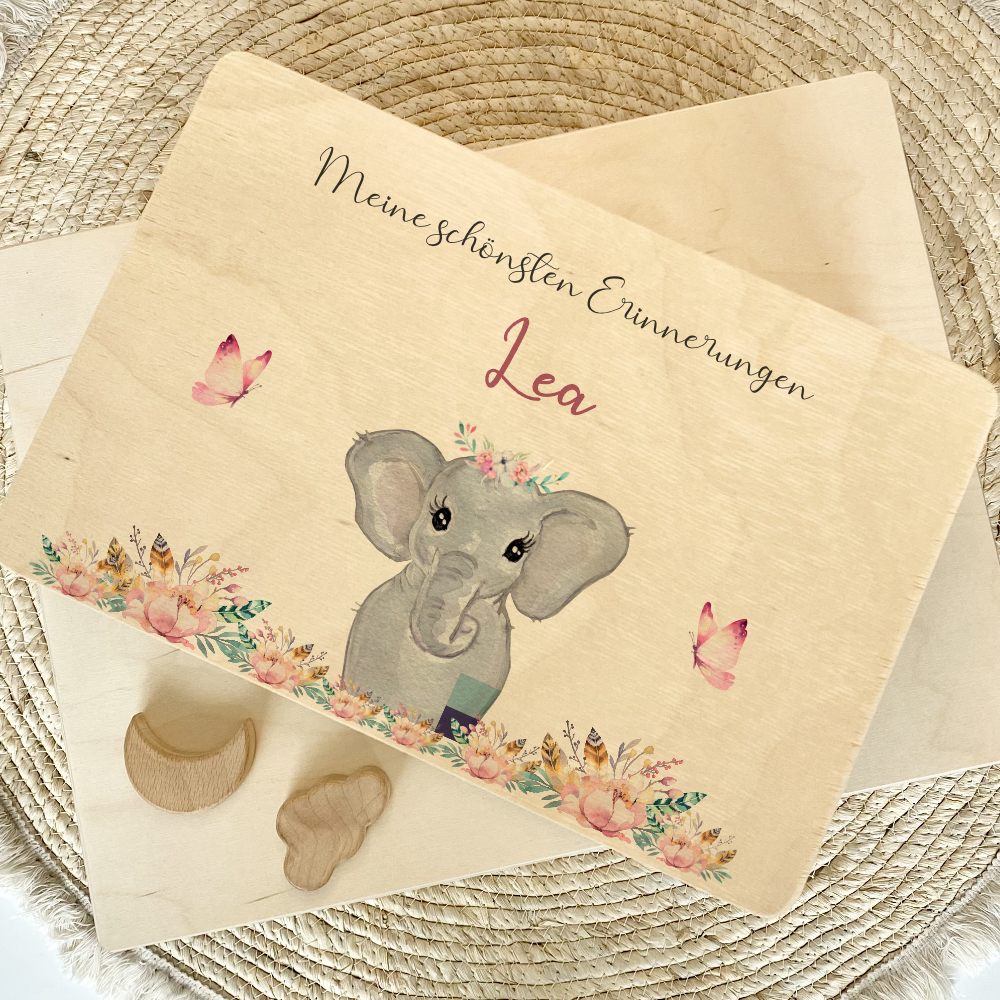 Personalisierte Erinnerungskiste "Elefant" als Motiv für Babys zur Geburt und Taufe, Babygeschenk mit dem Namen, Holzkiste