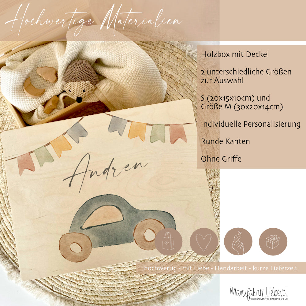 Erinnerungskiste aus Holz mit Deckel, Holzkiste mit Motiv Auto u. Namen des Kindes