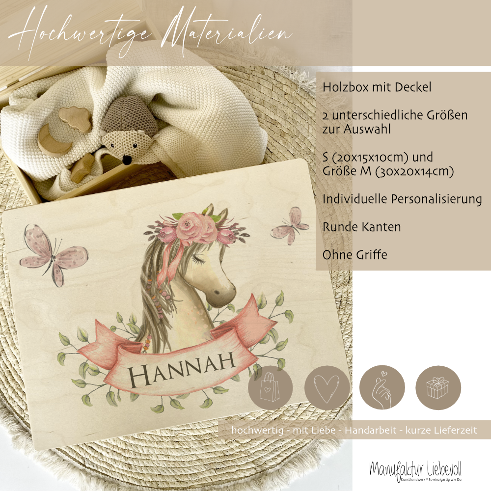 Personalisierte Erinnerungskiste "Pony" als Motiv für Babys zur Geburt und Taufe, Babygeschenk mit dem Namen, Holzkiste