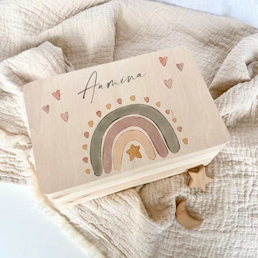 Personalisierte Erinnerungsbox aus Holz, Regenbogen Holzkiste mit Namen