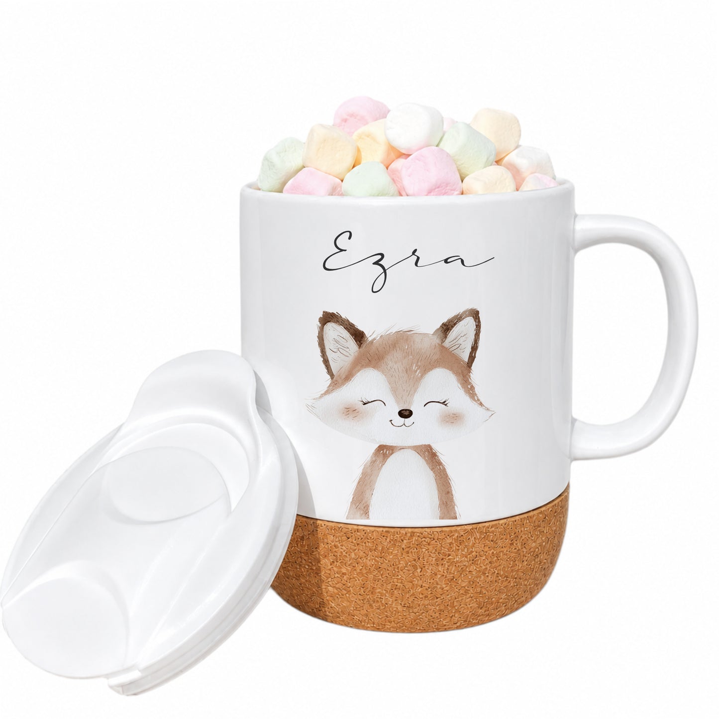 Personalisierte Kindertasse mit Name – Keramiktasse mit Korkboden & Deckel | 12 Tiermotive