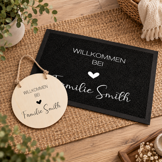 Personalisierte Fußmatte & Türschild aus Holz – Willkommen bei Familie