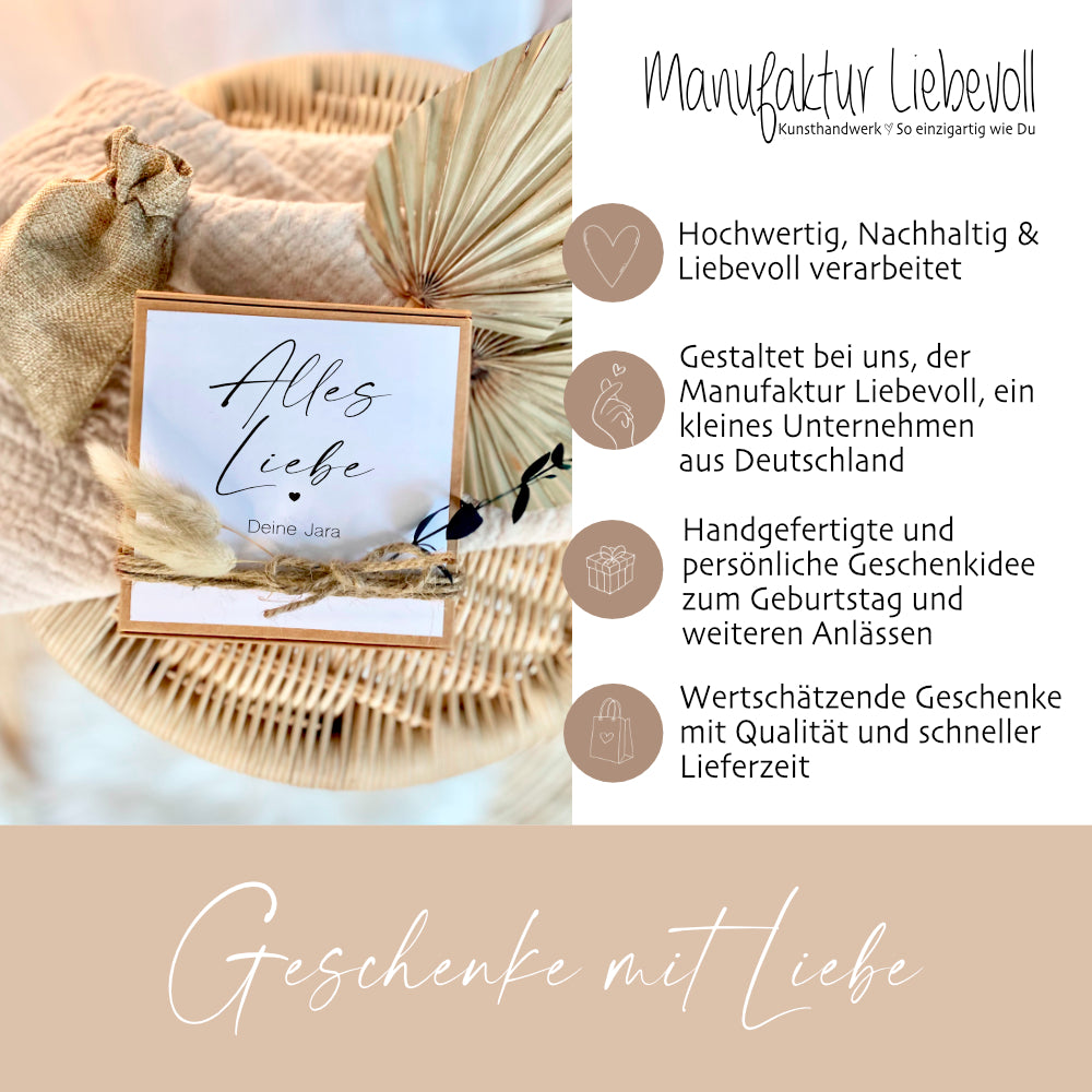 Geschenkverpackung "Alles Liebe" mit personalisierten Wunschtext, Geldgeschenk: Geburtstag, Hochzeit, Ruhestand, Abschied