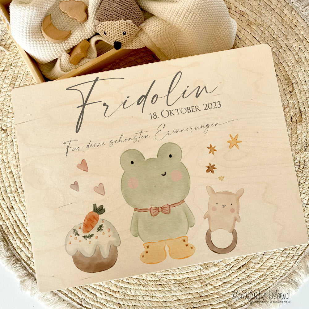 Personalisierte Erinnerungsbox aus Holz mit Motiv "Frosch" für Babys, Kinder