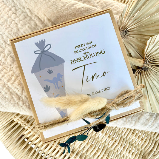 Personalisierte Geschenkbox zur Einschulung mit Motiv Schultüte, Geschenkschachtel für Erstklässler, Geschenkverpackung zum Schulanfang