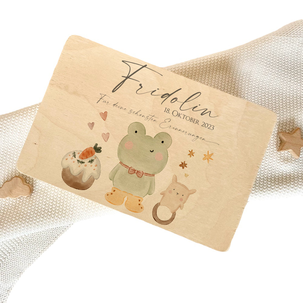Personalisierte Erinnerungsbox aus Holz mit Motiv "Frosch" für Babys, Kinder