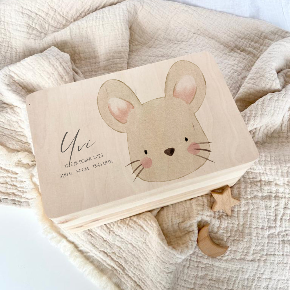 Erinnerungskiste aus Holz für Babys zur Geburt, Taufe, zum ersten Geburtstag | Personalisierte Holzkiste mit Motiv Maus