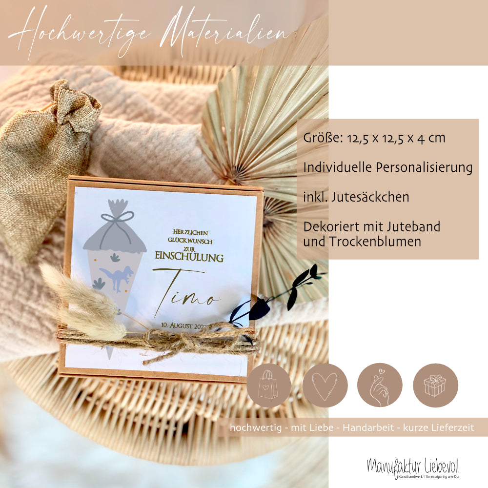 Personalisierte Geschenkbox zur Einschulung mit Motiv Schultüte, Geschenkschachtel für Erstklässler, Geschenkverpackung zum Schulanfang