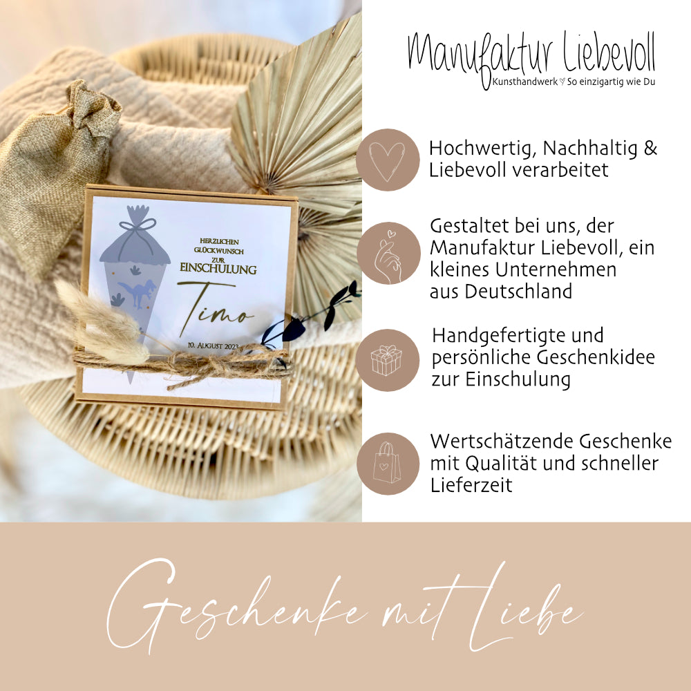 Personalisierte Geschenkbox zur Einschulung mit Motiv Schultüte, Geschenkschachtel für Erstklässler, Geschenkverpackung zum Schulanfang