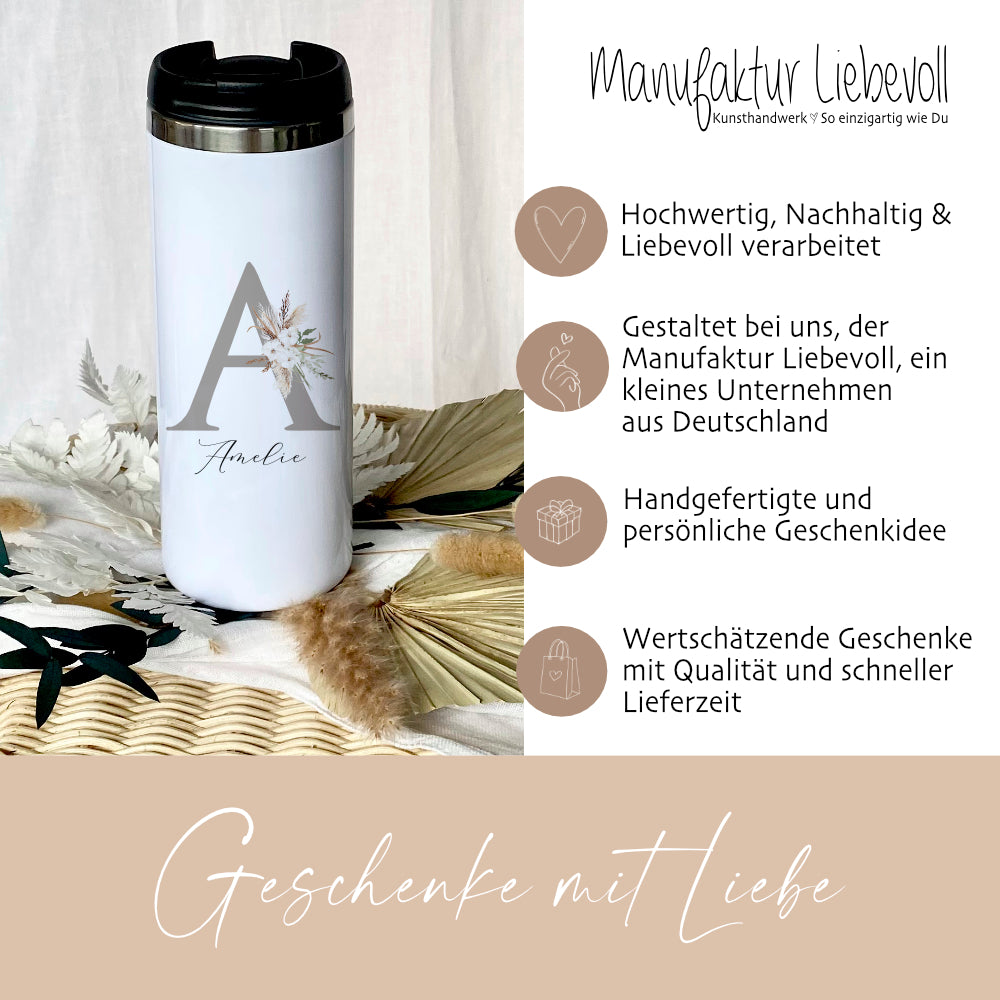 Floraler Thermobecher mit Namen und Buchstaben