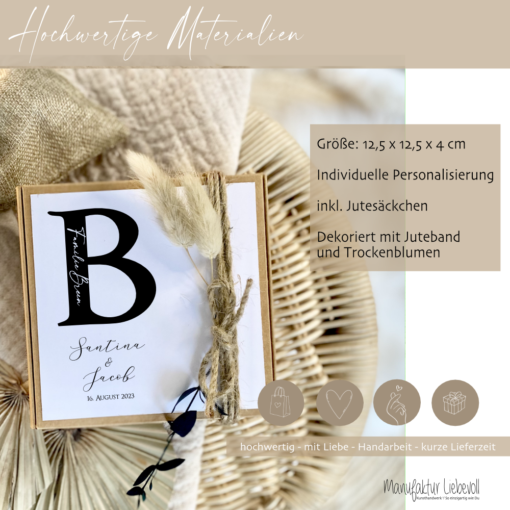 Zur Hochzeit - Personalisierte Geschenkverpackung mit Monogram, Individuelles Geldgeschenk inkl. Jutebeutel