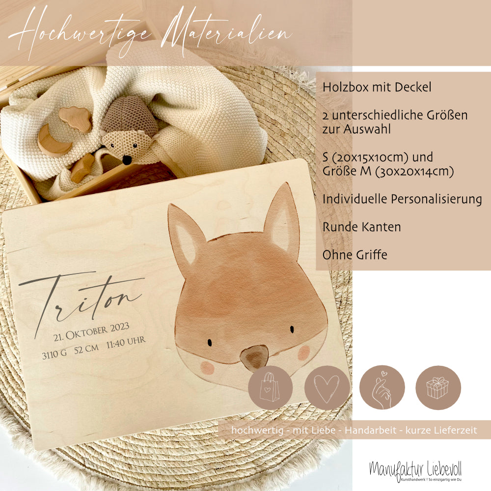 Personalisierte Erinnerungskiste für Babys, Holzbox mit Deckel, Namen u. Geburtsdaten | Motiv: Fuchs