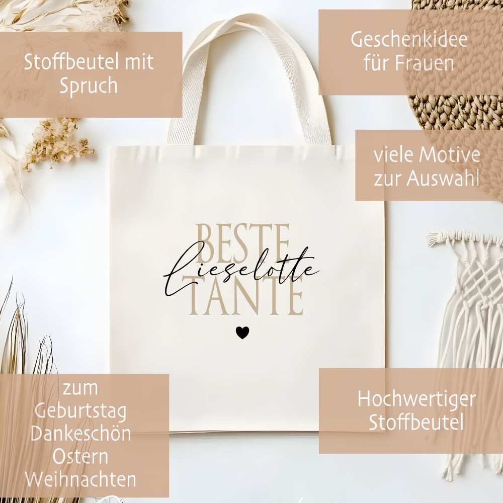 Personalisierter Stoffbeutel, 3 Motive: Beste Tante, Beste Patentante, Wunschtext