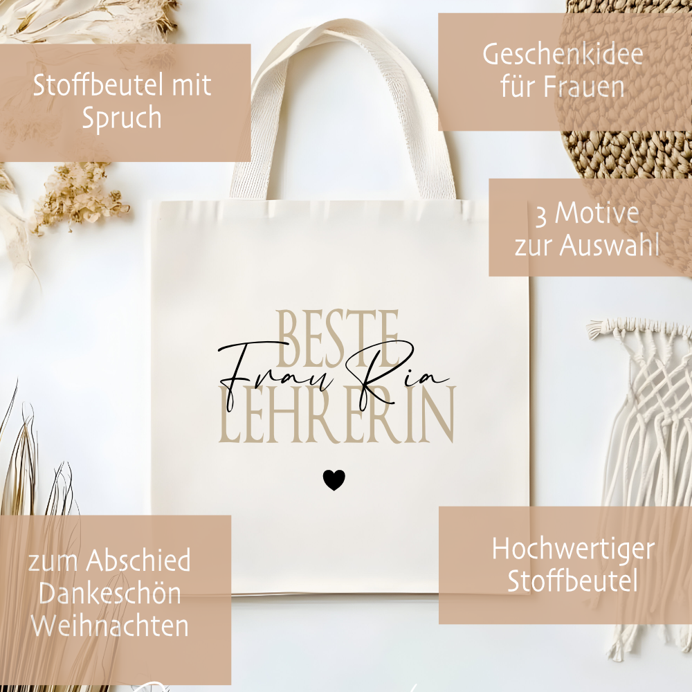 Personalisierter Stoffbeutel, 3 Motive: Beste Erzieherin, Beste Lehrerin, Beste Hebamme