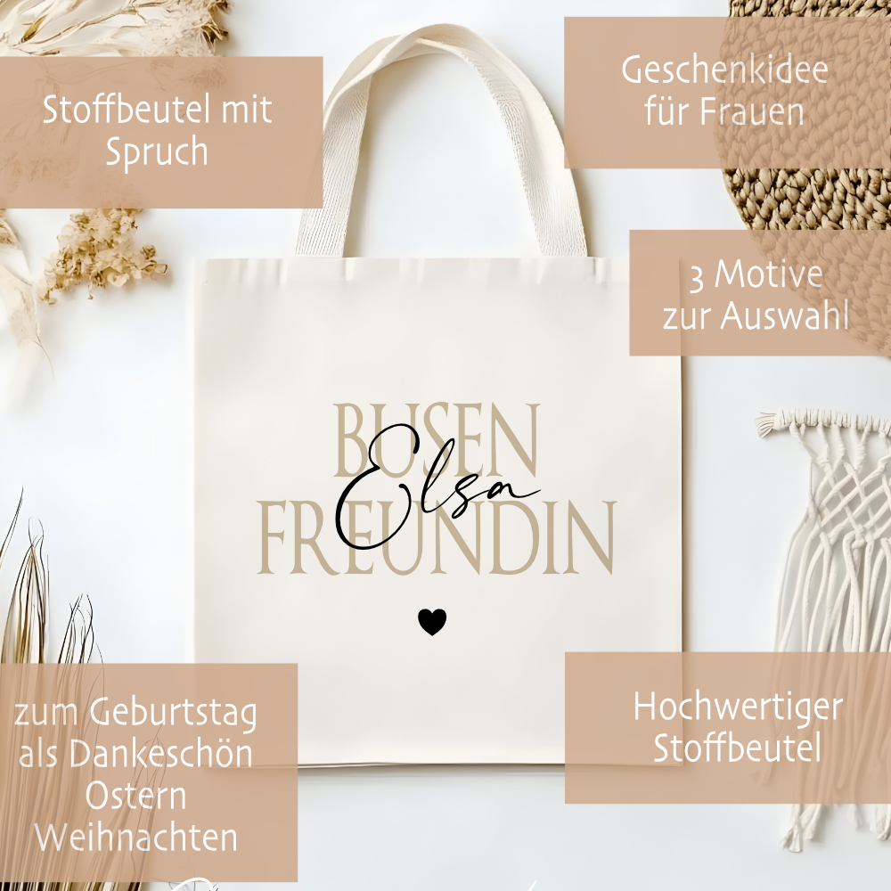 Personalisierter Stoffbeutel für Frauen, 3 Motive: Herzensmensch, Lieblingsmensch, Busenfreundin