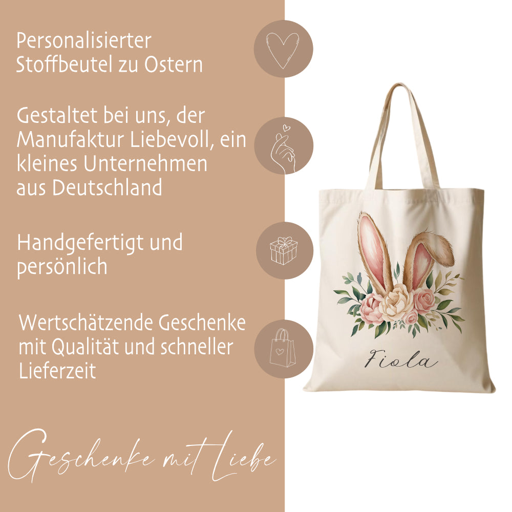 Stoffbeutel mit Namen bedruckt,  Motive: Osterohren, Bubble Gum Osterhasen