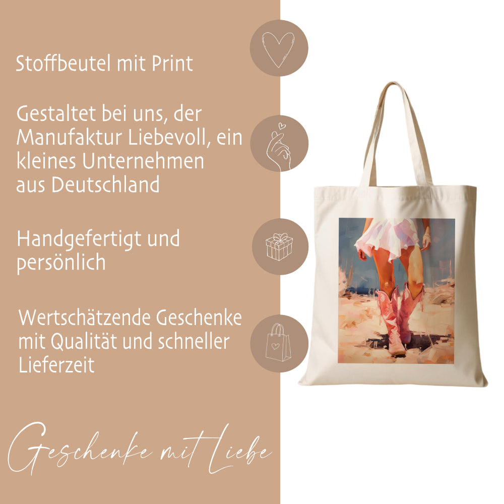 Stoffbeutel bedruckt,  Motive: Cowgirl mit Boots, Respectfully, Thank u, next