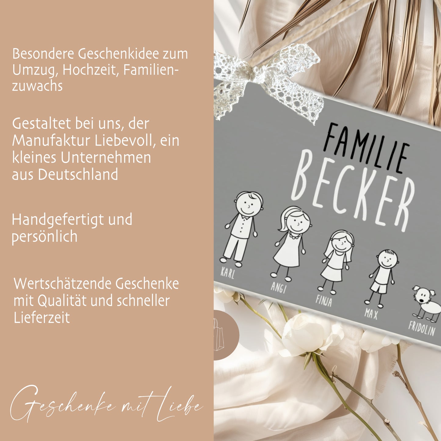 Handgefertigtes u. originelles Türschild aus Holz mit Figuren, Vornamen und dem Familiennamen | Kreative Geschenkidee u. schöne Dekoration für die Haustür | 2 Größen zur Auswahl