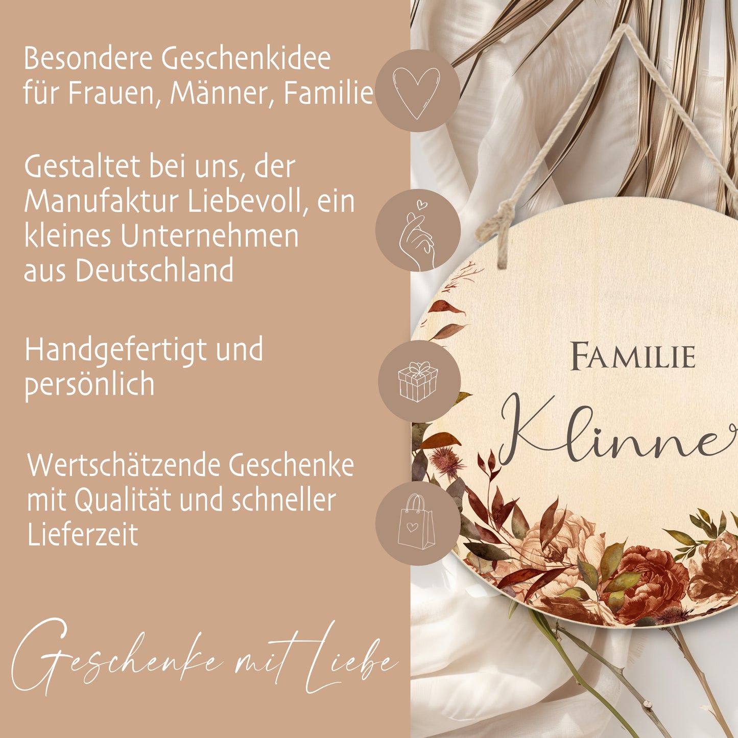 Haustürschild aus Holz "Spätblüher" | Türschild mit dem Familiennamen | Personalisiertes Geschenk u. besondere Geschenkidee für Familien | Deko für den Herbst | 3 Motivvarianten zur Auswahl