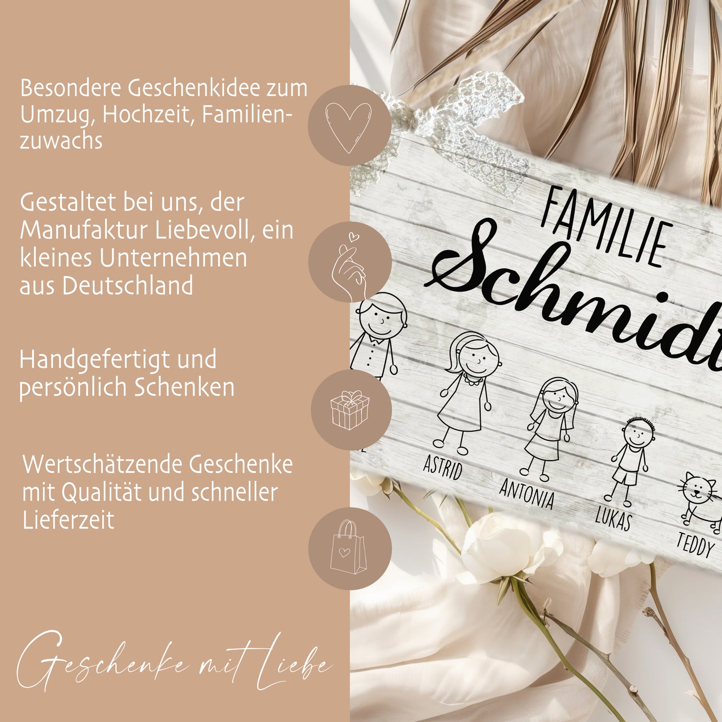 Originelles Türschild für die Familie | Haustürschild mit Figuren u. Vornamen | Handgefertigtes Familienschild in weiß grauer Shabby Chic Holzoptik | 2 Größen zur Auswahl