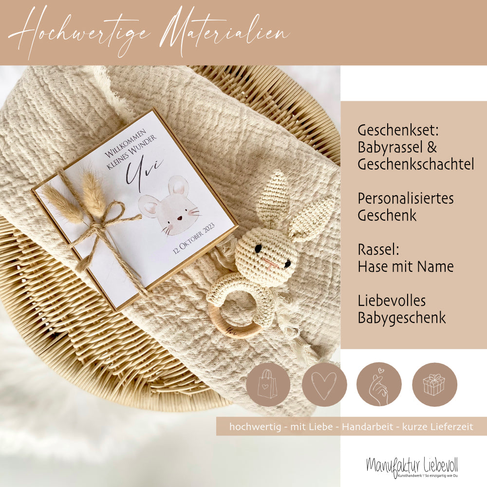 Geschenkset für Babys zur Geburt, Personalisierte Rassel mit Geschenkschachtel, Motiv: Maus