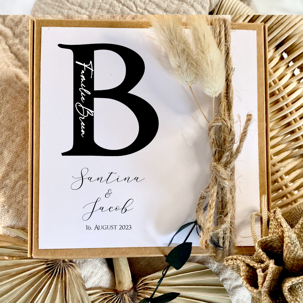 Zur Hochzeit - Personalisierte Geschenkverpackung mit Monogram, Individuelles Geldgeschenk inkl. Jutebeutel