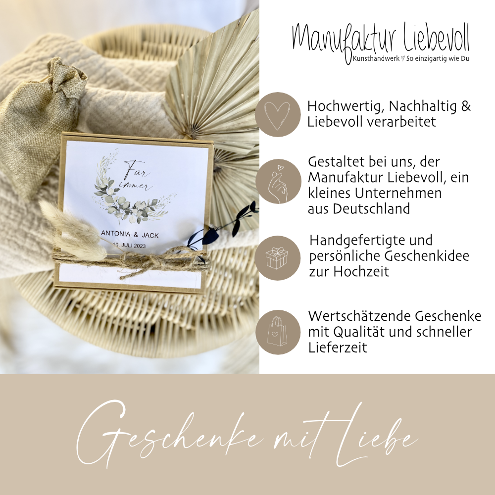 Personalisierte Geschenkverpackung zur Hochzeit, Individuelles Geldgeschenk inkl. Jutebeutel
