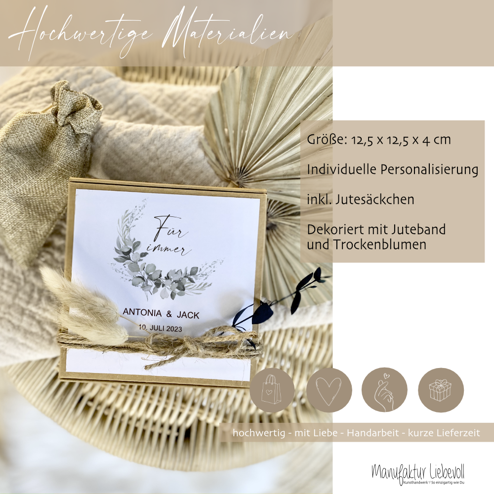 Personalisierte Geschenkverpackung zur Hochzeit, Individuelles Geldgeschenk inkl. Jutebeutel