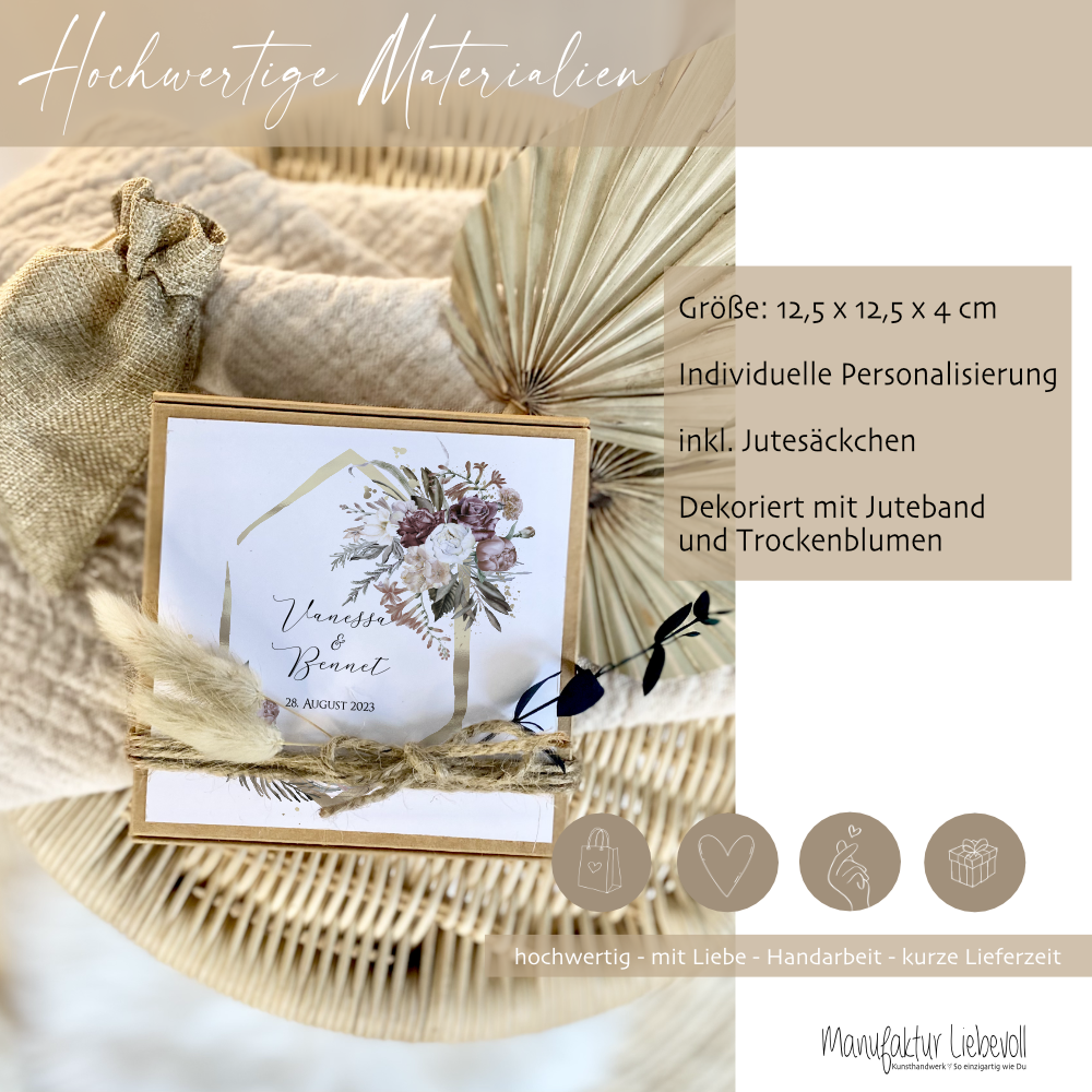 Geschenkverpackung zur Hochzeit, Individuelles personalisiertes Geldgeschenk inkl. Jutebeutel