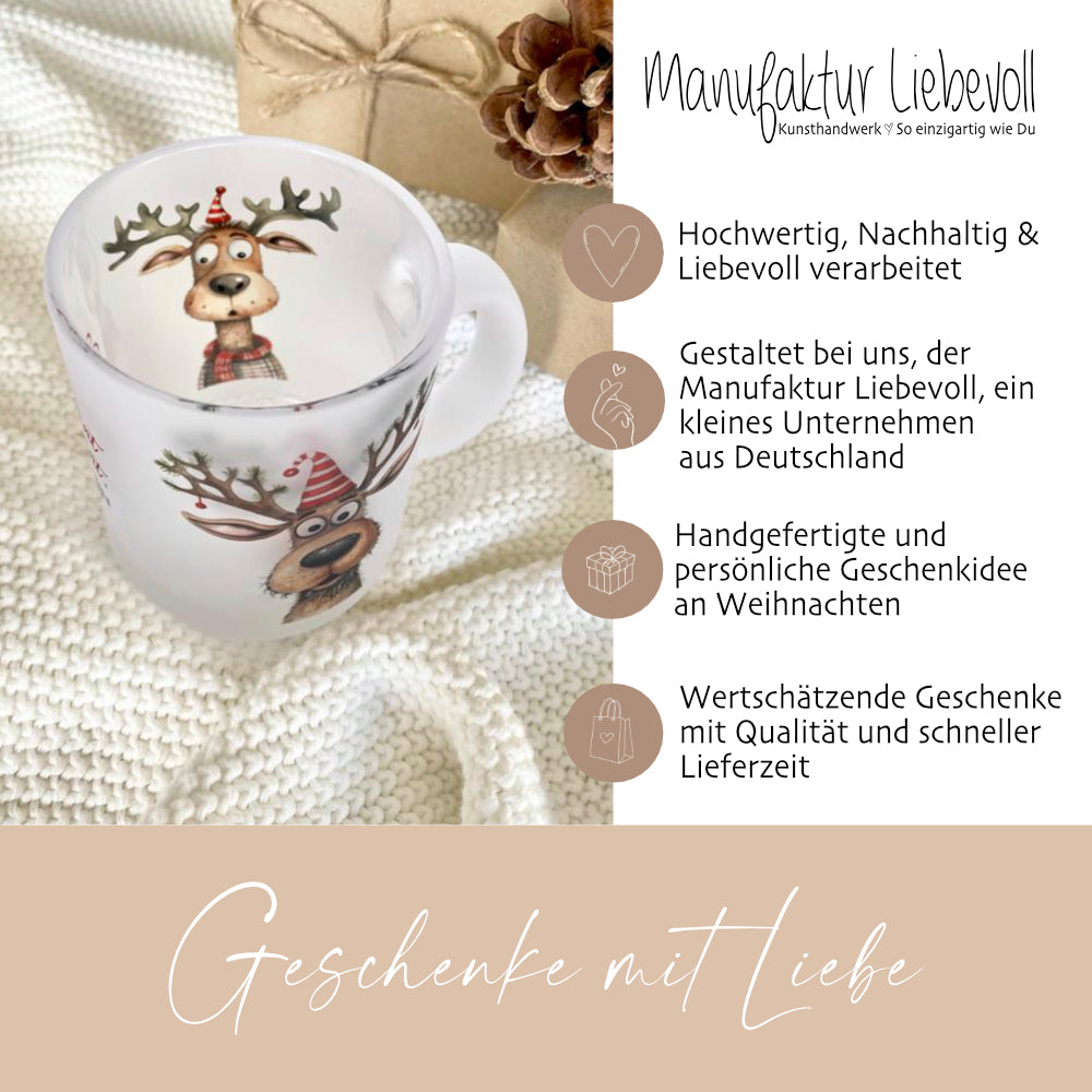 Lustige Glühweintasse aus Glas mit Spruch und Rentieren