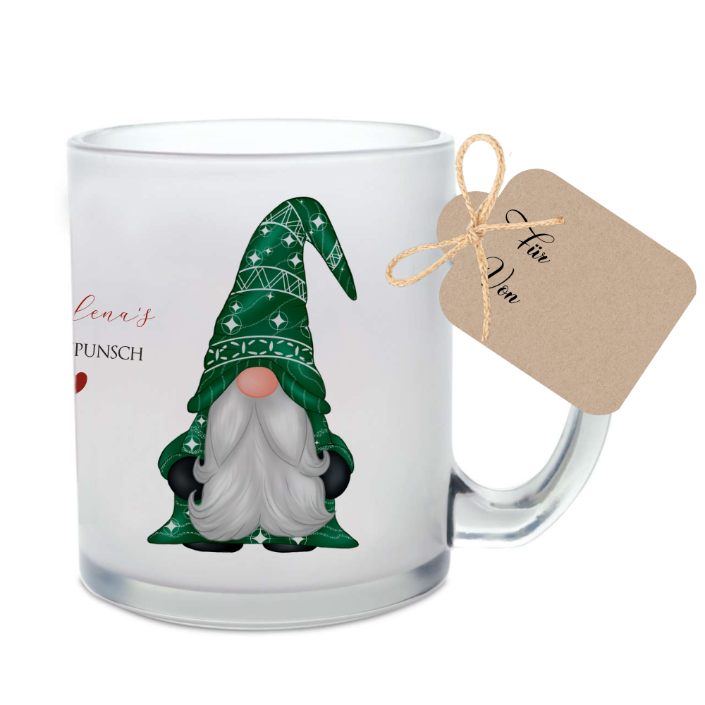 Weihnachtspunsch Tasse aus Glas mit grünem Wichtel und dem Namen personalisiert