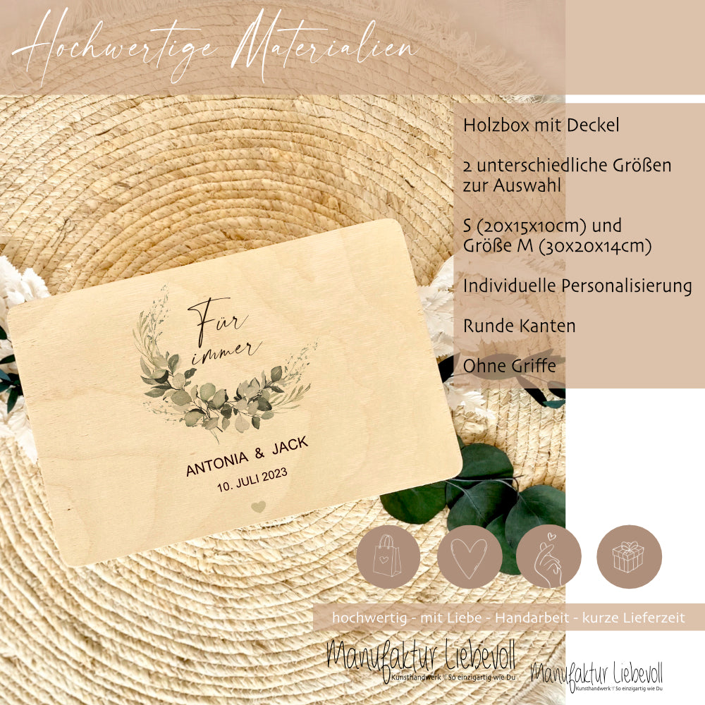 Personalisierte Erinnerungskiste zur Hochzeit "Für immer", Holzbox, Hochzeitsgeschenk