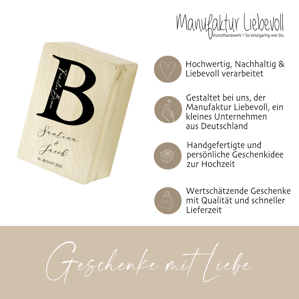 Personalisierte Erinnerungskiste zur Hochzeit mit Monogram, Holzbox, Hochzeitsgeschenk