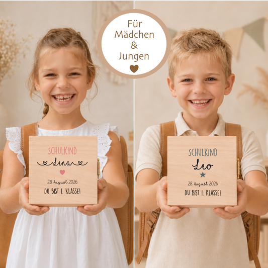 Geschenkbox zur Einschulung – personalisierte Holzbox mit Trockenblumen & Geldsäckchen