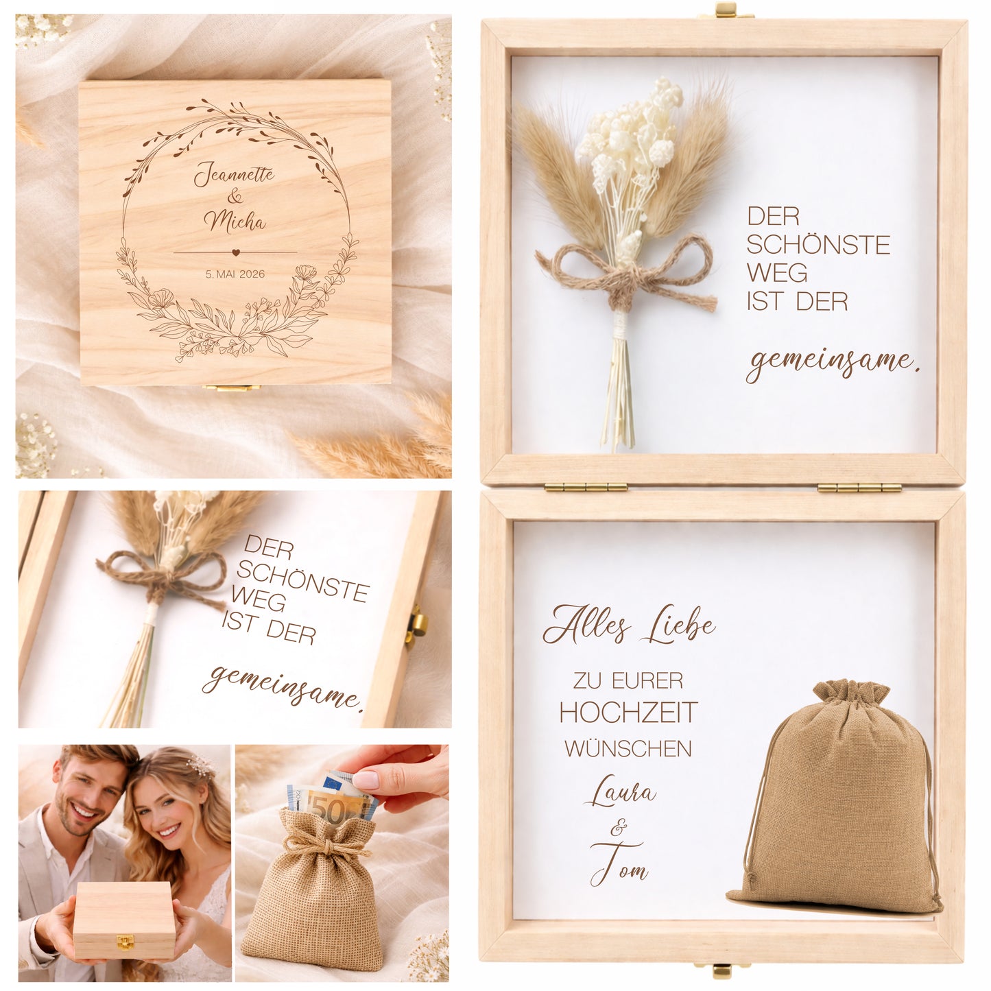 Geldgeschenk Hochzeit personalisiert | Hochzeitsgeschenk Brautpaar mit Namen & Datum | Holzbox Geldgeschenk Hochzeit mit Jutesack