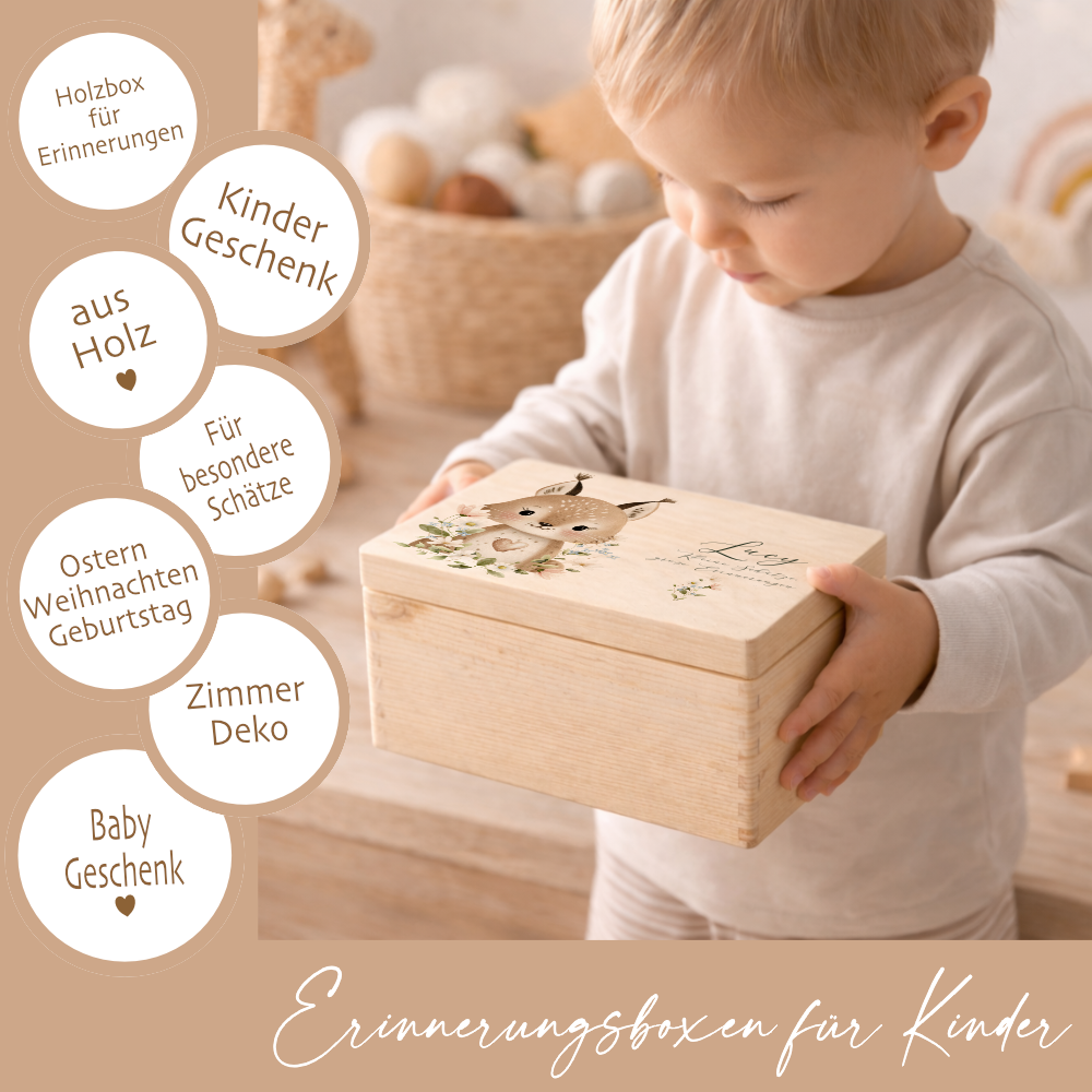 Personalisierte Erinnerungsbox aus Holz mit Namen – Süße Waldtiere Motive im Boho-Stil – Erinnerungskiste zur Geburt & Taufe