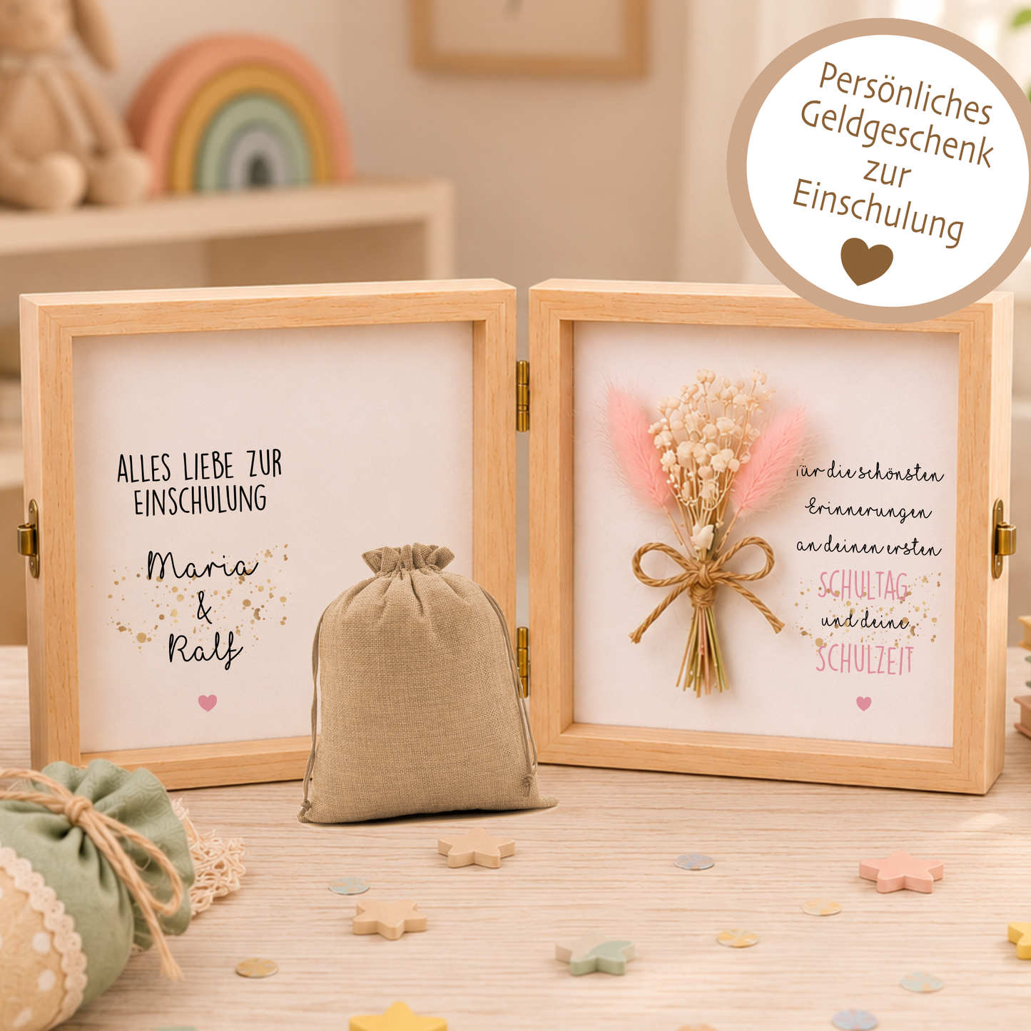 Geschenkbox zur Einschulung – personalisierte Holzbox mit Trockenblumen & Geldsäckchen