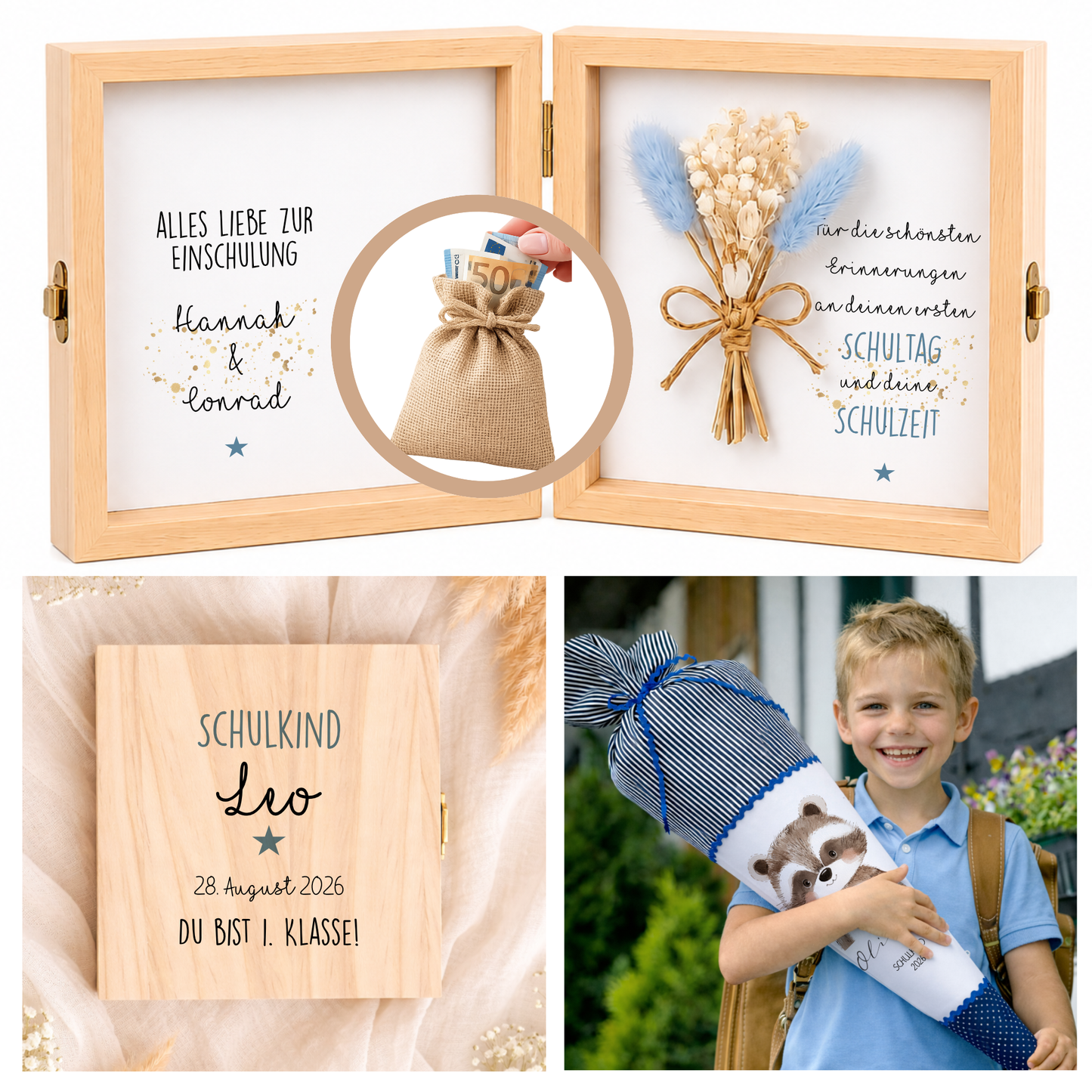 Geschenkbox zur Einschulung – personalisierte Holzbox mit Trockenblumen & Geldsäckchen
