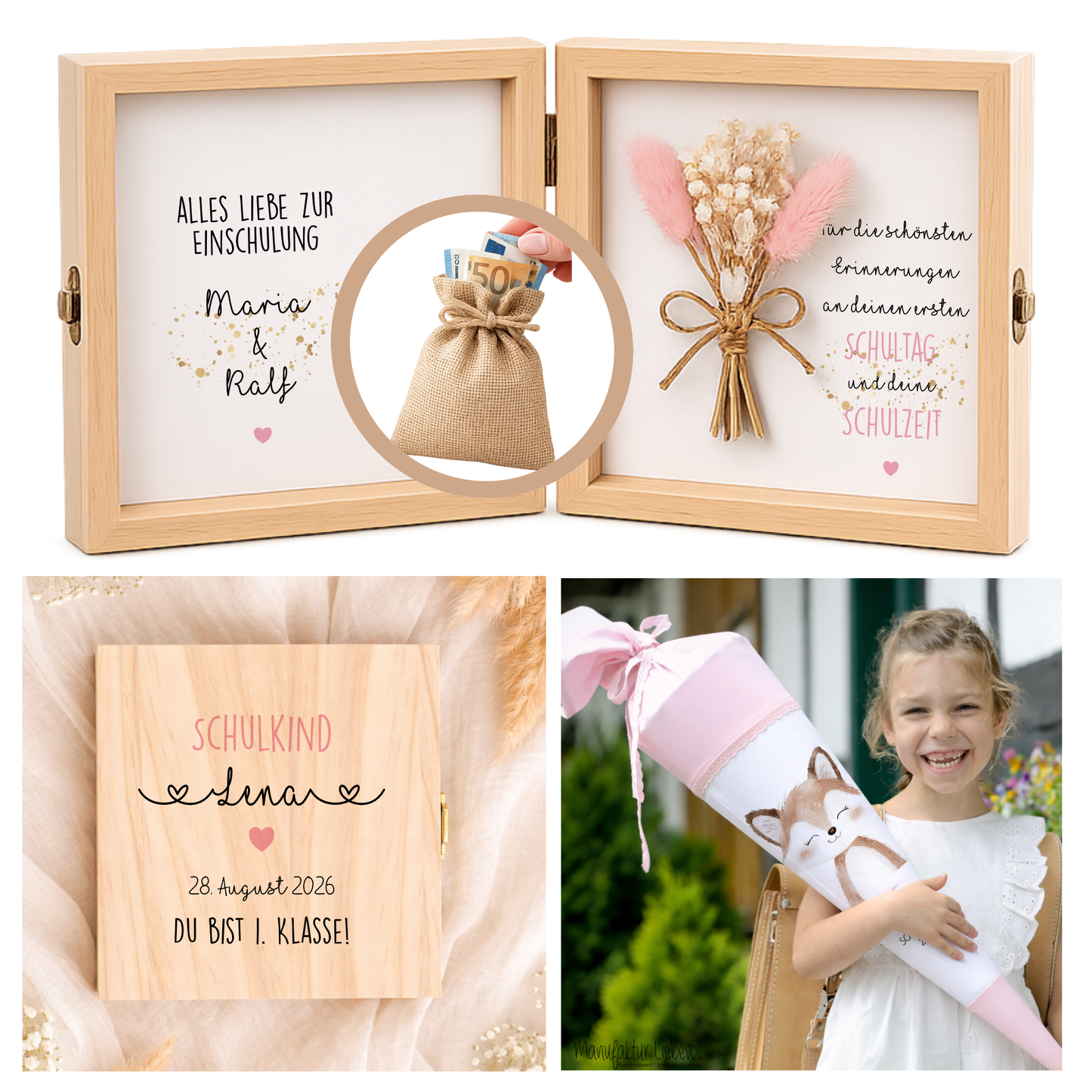 Geschenkbox zur Einschulung – personalisierte Holzbox mit Trockenblumen & Geldsäckchen