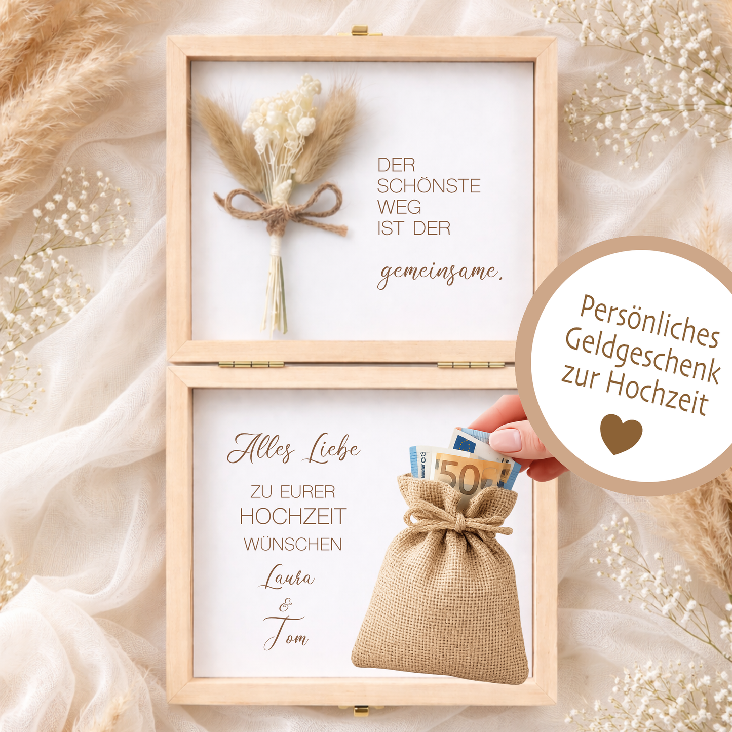 Geldgeschenk Hochzeit personalisiert | Hochzeitsgeschenk Brautpaar mit Namen & Datum | Holzbox Geldgeschenk Hochzeit mit Jutesack