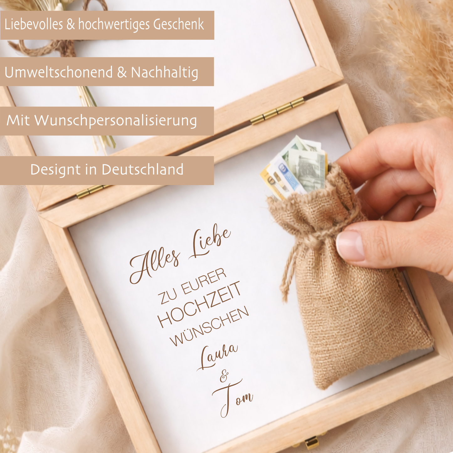 Geldgeschenk Hochzeit personalisiert | Hochzeitsgeschenk Brautpaar mit Namen & Datum | Holzbox Geldgeschenk Hochzeit mit Jutesack