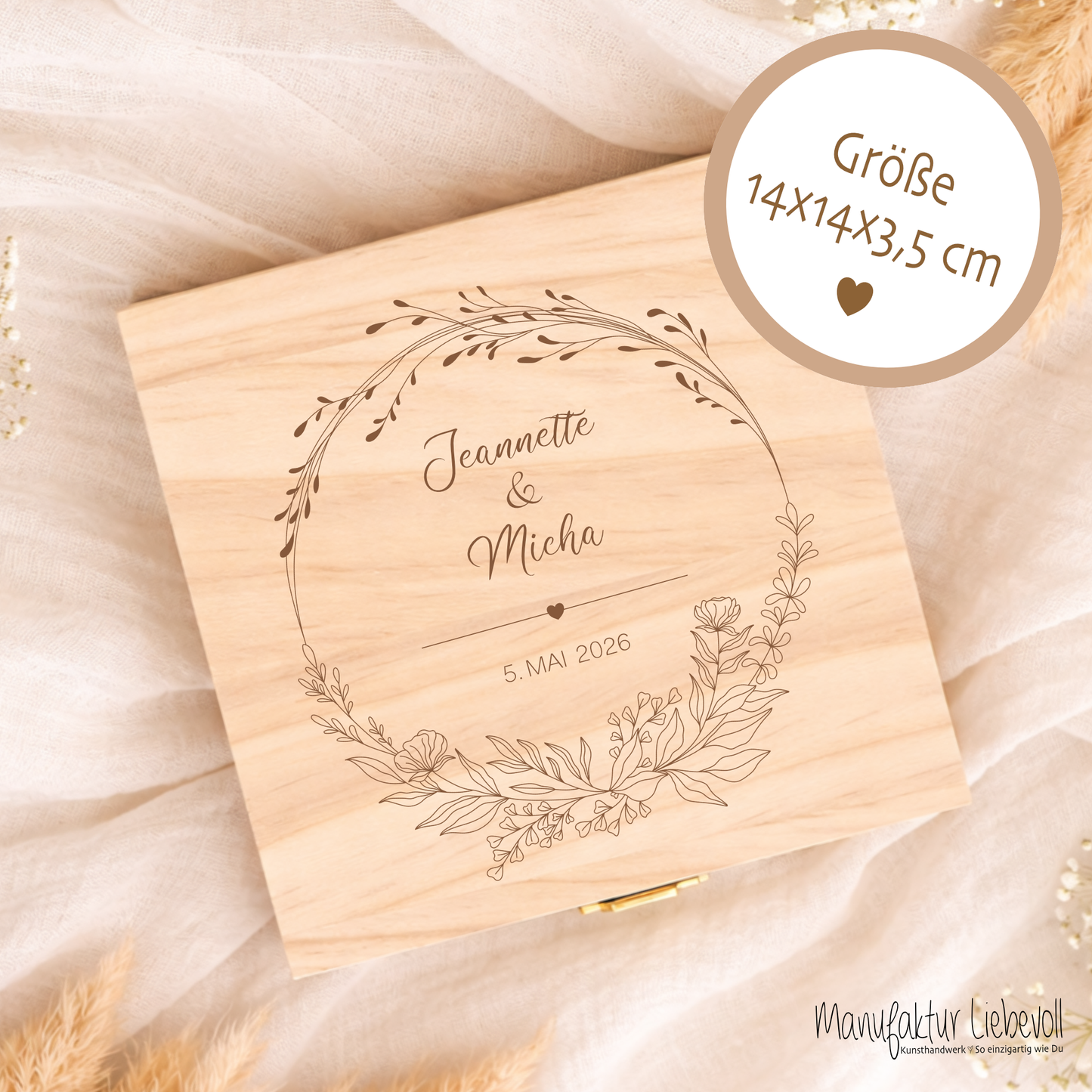 Geldgeschenk Hochzeit personalisiert | Hochzeitsgeschenk Brautpaar mit Namen & Datum | Holzbox Geldgeschenk Hochzeit mit Jutesack
