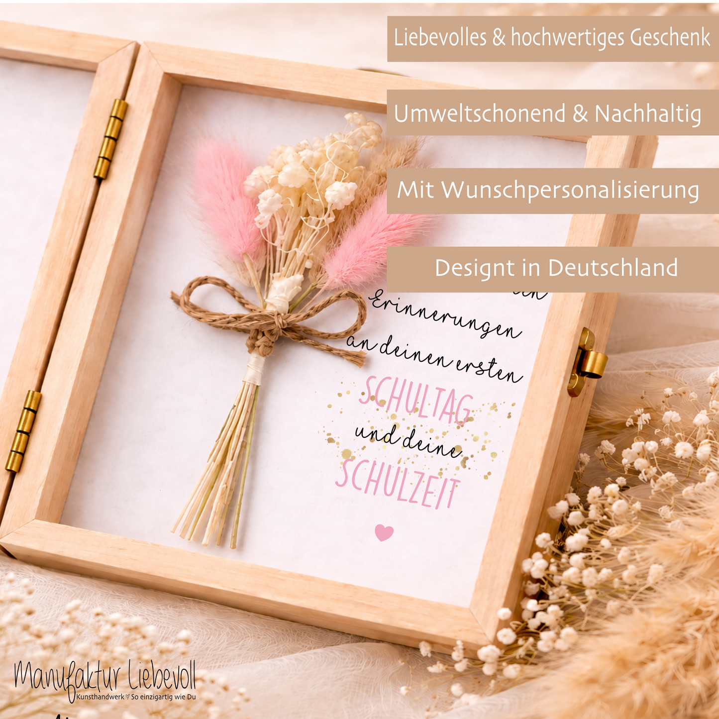 Geschenkbox zur Einschulung – personalisierte Holzbox mit Trockenblumen & Geldsäckchen