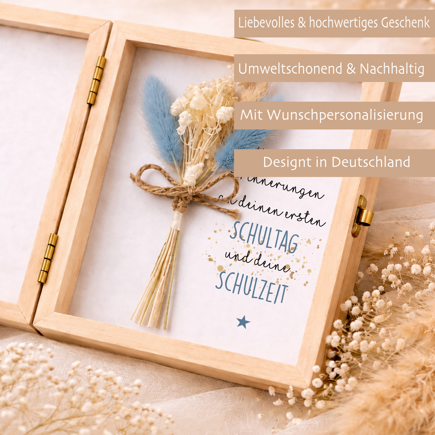 Geschenkbox zur Einschulung – personalisierte Holzbox mit Trockenblumen & Geldsäckchen