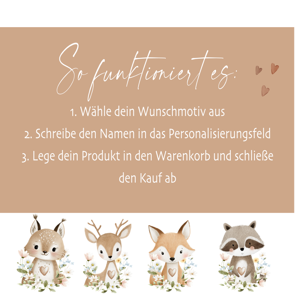 Personalisierte Erinnerungsbox aus Holz mit Namen – Süße Waldtiere Motive im Boho-Stil – Erinnerungskiste zur Geburt & Taufe